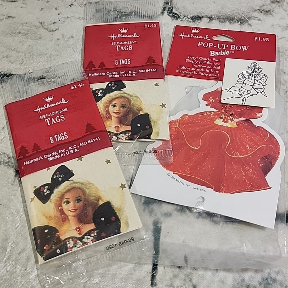 Vintage 90s Hallmark Barbie Lot Pop-Up Bow 2pcs Self Adhesive Tags